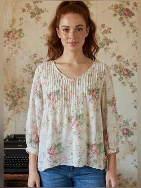 Dolma Alya Cotton Floral Pintuck V-Neck Blouse Top Bohemian Cottagecore Feminine